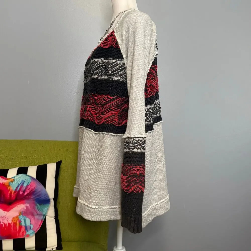 Free People Nordic Cotton Knit Pullover Sweater Red Gray Black